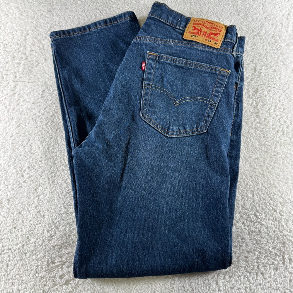 Men's Size 34x30 Levi 505 Regular Fit Denim Blue Jeans Medium Dark Wash Stretch - Picture 1 of 11